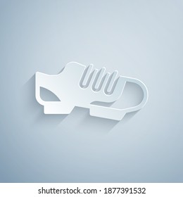 Paper cut Triathlon cycling shoes icon isolated on grey background. Sport shoes, bicycle shoes. Paper art style. Vector.