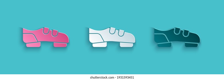 Paper cut Triathlon cycling shoes icon isolated on blue background. Sport shoes, bicycle shoes. Paper art style. Vector