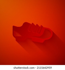 Paper cut Triathlon cycling shoes icon isolated on red background. Sport shoes, bicycle shoes. Paper art style. Vector