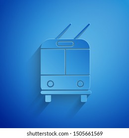 Paper cut Trolleybus icon isolated on blue background. Public transportation symbol. Paper art style. Vector Illustration