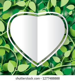 Paper cut of tropical green leaves with love concept and happy valentine's day origami greeting card layout template abstract background.paper art vector illustration.