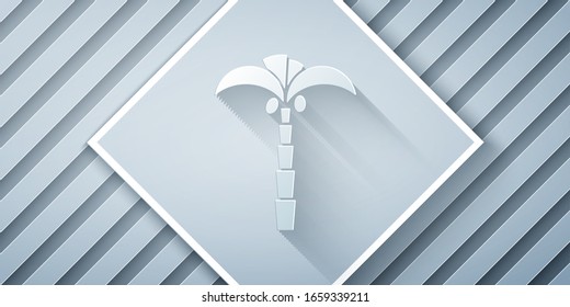 Paper cut Tropical palm tree icon isolated on grey background. Coconut palm tree. Paper art style. Vector Illustration