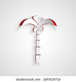 Paper cut Tropical palm tree icon isolated on grey background. Coconut palm tree. Paper art style. Vector Illustration
