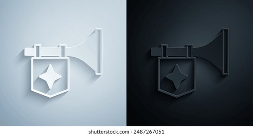 Trompeta de corte de papel con icono de bandera aislado sobre fondo gris y negro. Trompeta de instrumento musical. Estilo de arte de papel. Vector