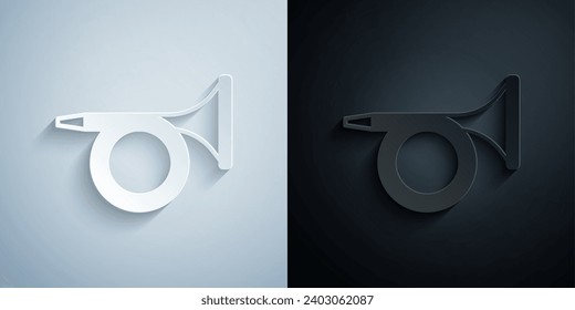 Paper cut Trumpet icon isolated on grey and black background. Musical instrument. Paper art style. Vector