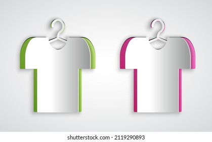Paper cut T-shirt on hanger icon isolated on grey background. Paper art style. Vector