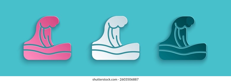 Paper cut Tsunami icon isolated on blue background. Flood disaster. Stormy weather by seaside, ocean or sea wave or tsunami. Paper art style. Vector