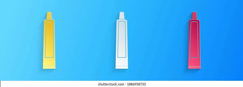 Papierschnitt Tube aus Zahnpasta Symbol einzeln auf blauem Hintergrund. Kunststil aus Papier. Vektorgrafik.