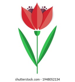 Paper cut tulip flower. Vector creative plant - origami. Simple clipart with shadow isolated on white background