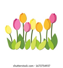 Paper cut tulips flowers set. Collection if stylized spring colorful diy tulips isolated on white background. Vector illustration