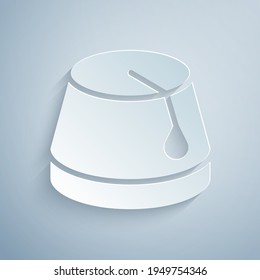 Paper cut Turkish hat icon isolated on grey background. Paper art style. Vector