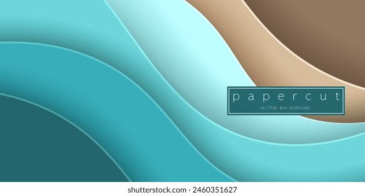 Paper cut turquoise water waves and sand beach background. Cutout minimalistic luxury layered waves . 3D frame icon for posters and flyers, presentation, web, social media, design and banner.