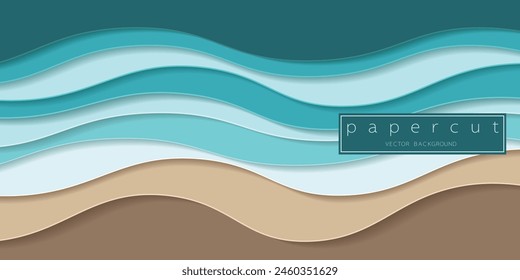 Paper cut turquoise water waves and sand beach background. Cutout minimalistic luxury layered waves . 3D frame icon for posters and flyers, presentation, web, social media, design and banner.