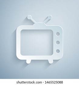 Paper cut Tv icon isolated on grey background. Television sign. Paper art style. Vector Illustration