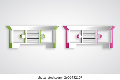 Paper cut TV table stand icon isolated on grey background. Paper art style. Vector