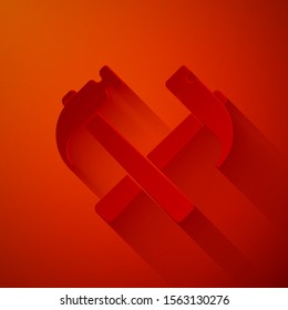 Paper cut Two crossed hammers icon isolated on red background. Tool for repair. Paper art style. Vector Illustration
