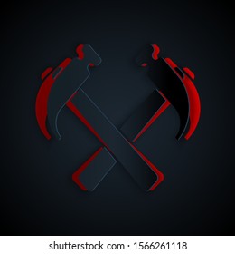 Paper cut Two crossed hammers icon isolated on black background. Tool for repair. Paper art style. Vector Illustration