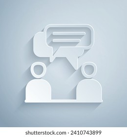 Paper cut Two sitting men talking icon isolated on grey background. Speech bubble chat. Message icon. Communication or comment chat symbol. Paper art style. Vector