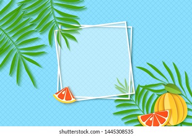 Paper cut two white square frames with green tropical palm leaves and slice and whole grapefruit citrus fruit. Vector card illustration with place for selling advertising text on blue background