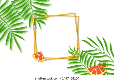 Paper cut two yellow square frames with tropical palm leaves and slice orange citrus fruit. Vector card illustration with place for selling advertising text on dark green background
