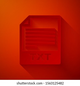 Paper cut TXT file document. Download txt button icon isolated on red background. Text file extension symbol. Paper art style. Vector Illustration