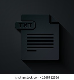 Paper cut TXT file document. Download txt button icon isolated on black background. Text file extension symbol. Paper art style. Vector Illustration