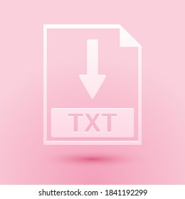 Paper cut TXT file document icon. Download TXT button icon isolated on pink background. Paper art style. Vector.