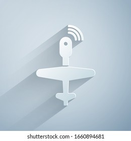 Paper cut UAV Drone icon isolated on grey background. Military Unmanned aircraft spy. Paper art style. Vector Illustration
