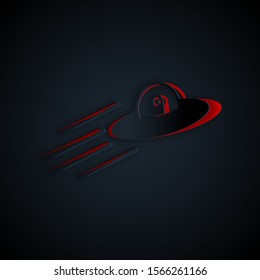 Paper cut UFO flying spaceship and alien icon isolated on black background. Flying saucer. Alien space ship. Futuristic unknown flying object. Paper art style. Vector Illustration