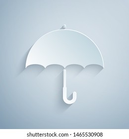 Paper cut Umbrella icon isolated on grey background. Paper art style. Vector Illustration