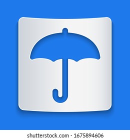 Paper cut Umbrella icon isolated on blue background. Waterproof icon. Protection, safety, security concept. Water resistant symbol. Paper art style. Vector Illustration