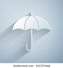 Paper cut Umbrella icon isolated on grey background. Insurance concept. Waterproof icon. Protection, safety, security concept. Paper art style. Vector