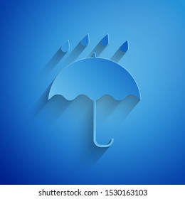 Paper cut Umbrella and rain drops icon isolated on blue background. Waterproof icon. Protection, safety, security concept. Water resistant symbol. Paper art style. Vector Illustration