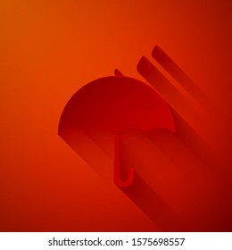 Paper cut Umbrella and rain drops icon isolated on red background. Waterproof icon. Protection, safety, security concept. Water resistant symbol. Paper art style. Vector Illustration