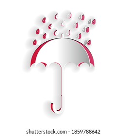 Paper cut Umbrella and rain drops icon isolated on white background. Paper art style. Vector.
