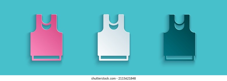 Paper cut Undershirt icon isolated on blue background. Paper art style. Vector