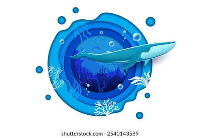 Paisaje submarino cortado en papel con ballena azul. Marco en capas redondo del Vector 3D con el animal gigante de la ballena del esperma de la historieta en la escena del mar profundo con las algas marinas, la vegetación del océano, el cardumen de los peces y las burbujas