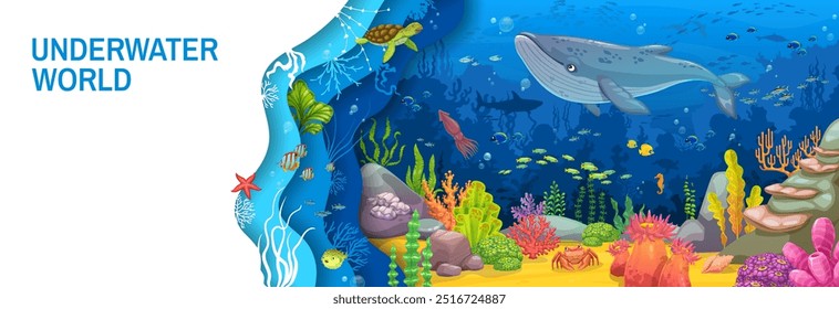 Paisaje submarino cortado en papel con ballena de dibujos animados y algas marinas en el fondo del océano. Vector Anuncio Horizontal con animales marinos como calamar, cangrejo, tortuga, algas tropicales y arrecifes de coral dentro del marco 3D