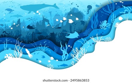 Paisaje submarino cortado en papel con corales y arrecifes, algas y animales marinos. Mantarrayas, cardúmenes de peces, medusas, ballenas y siluetas de pulpos. Escena de profundidades oceánicas de Vector 3d dentro de un marco ondulado