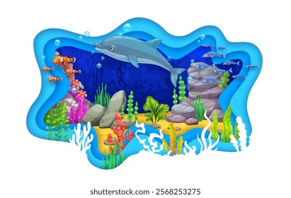 Paper cut underwater landscape with dolphin and fish shoals. Cartoon sea animals in vector 3d frame of paper cut wavy layers at tropical coral reef bottom underwater landscape background with seaweeds