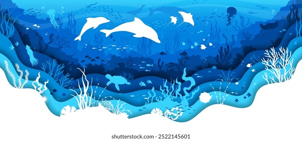 Paper cut underwater landscape with dolphins, seaweeds and animal silhouettes, vector background. Sea or ocean life of undersea with papercut turtle, jellyfish and whales or stingray in water waves