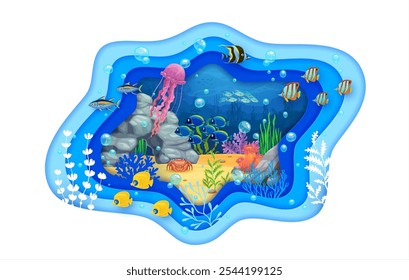 Paper cut underwater landscape with fish shoal, seaweeds and corals. 3d vector frame with colorful undersea world with cartoon tropical fishes and jellyfish, evokes a sense of serenity of marine life