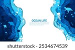 Paper cut underwater landscape, ocean life banner with fishes and sea animals, vector background. Undersea or underwater paper cut landscape with coral reef jellyfish, stingray and turtle with squid