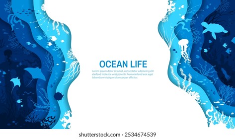 Paper cut underwater landscape, ocean life banner with fishes and sea animals, vector background. Undersea or underwater paper cut landscape with coral reef jellyfish, stingray and turtle with squid