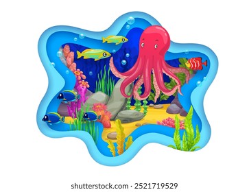 Paper cut underwater landscape with octopus surrounded by colorful fish, coral, and aquatic plants. 3d vector blue wavy, papercut border with playful and immersive view of ocean floor and marine life