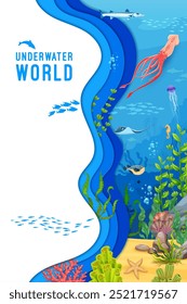 Paper cut underwater landscape poster featuring vibrant ocean environment filled with sea creatures such as a squid, seahorse, jellyfish, stingray and puffer fish. swimming among coral reef and plants