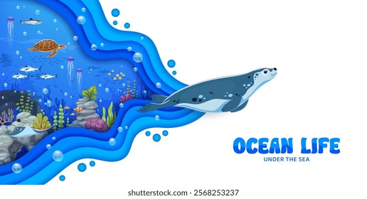 Paper cut underwater landscape with sea animals, fish and seaweed. Vector 3d paper cut layered wave with cartoon fur seal, jellyfish and mackerel, sea turtle, stingray and urchin characters