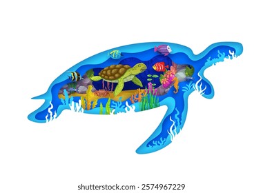 Paper cut underwater landscape with sea turtle silhouette 3d vector frame. Cartoon fish, crab, seahorse and turtle characters at coral reef landscape with seaweeds and paper cut layered frame borders