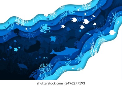 Paper cut underwater landscape with seaweeds, coral reef and sea animals. Manta ray, fish shoal, jellyfish and octopus, dolphin or turtle silhouettes. 3d vector ocean depths scene inside of wavy frame