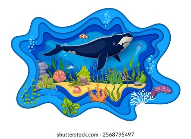 Paper cut underwater landscape with sperm whale and ocean fishes, vector banner. Cartoon undersea background with coral reef clownfish, pearl seashell and sperm whale in seaweeds in paper cut water